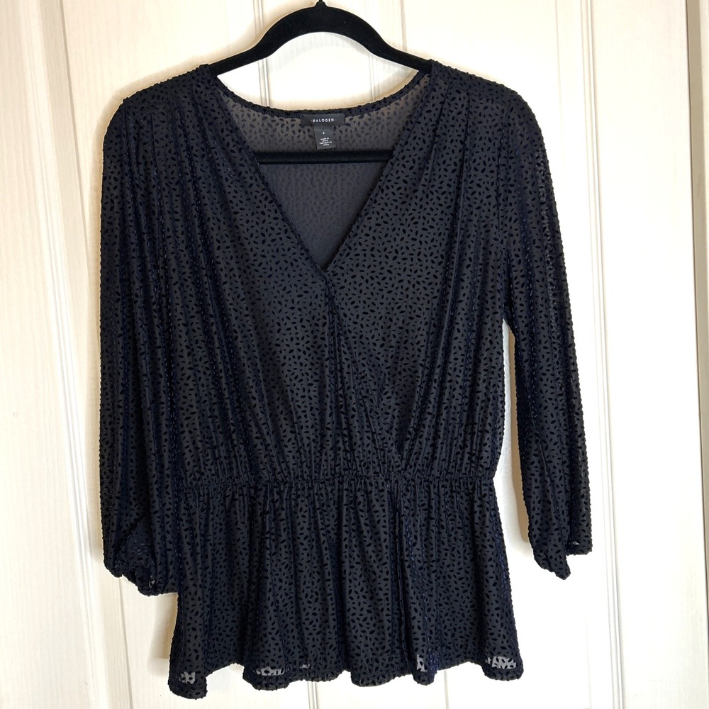 Halogen Dark Blue SHEER Long Sleeve Womens  S V Neck Pull Over Blouse Swiss dot